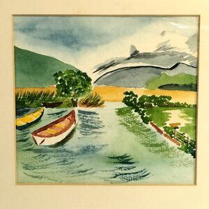 Lakeside Watercolor Primitive Artwork Unframed 13 x 13